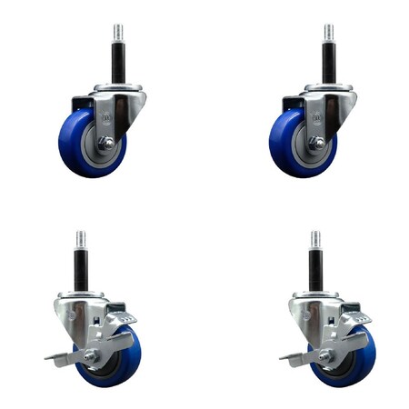 Service Caster 3'' Blue Poly Wheel Swivel 3/4'' Expanding Stem Caster Set 2 Brakes, 4PK SCC-EX20S314-PPUB-BLUE-2-TLB-2-34